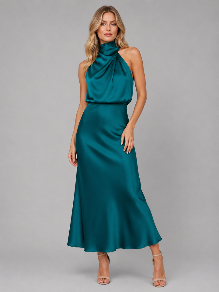 Women’s Satin Midi Dress with High Neck