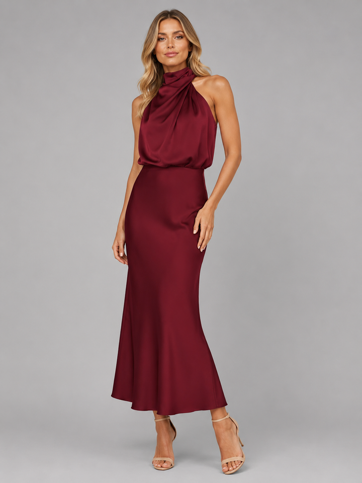 Women’s Satin Midi Dress with High Neck