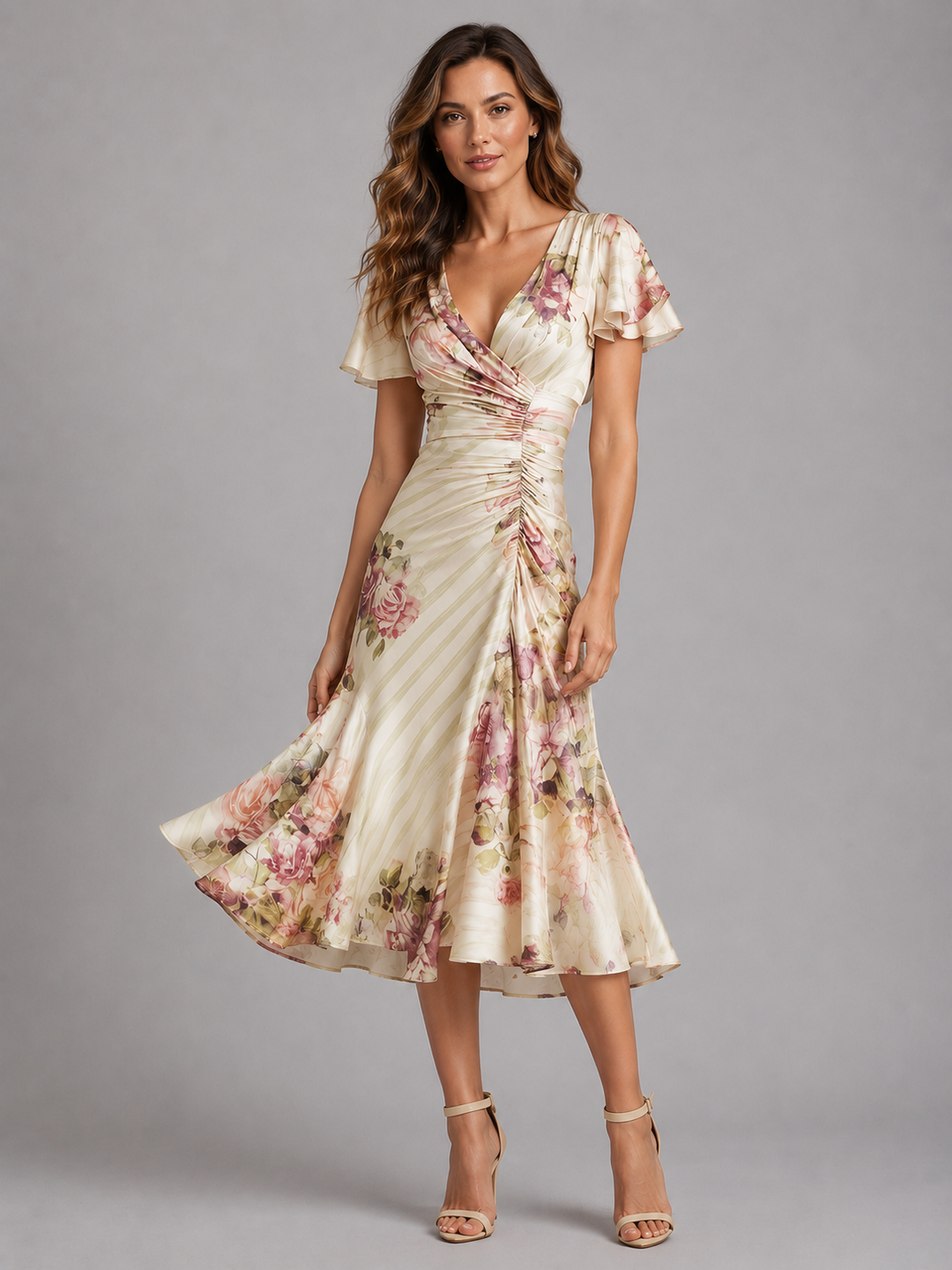 Women’s Satin Midi Dress with Ruched Waist