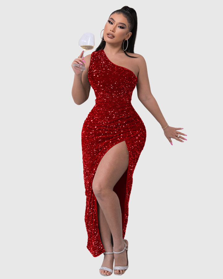 Women's Sequin One-Shoulder Evening Dress with Slit