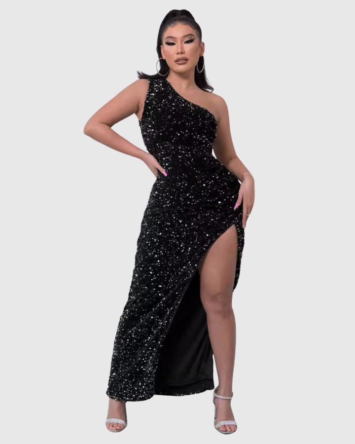 Women's Sequin One-Shoulder Evening Dress with Slit