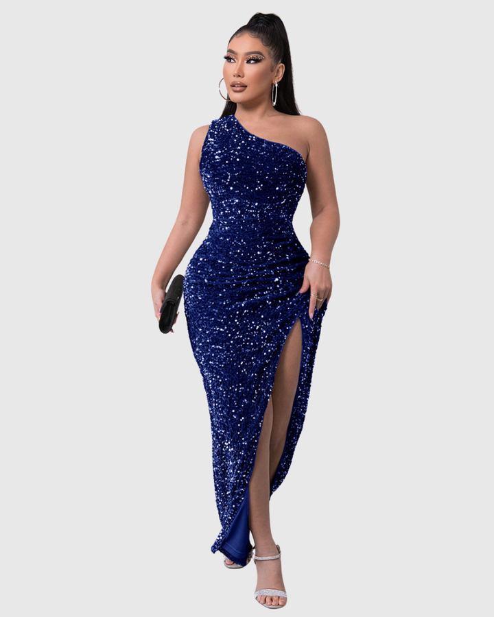 Women's Sequin One-Shoulder Evening Dress with Slit