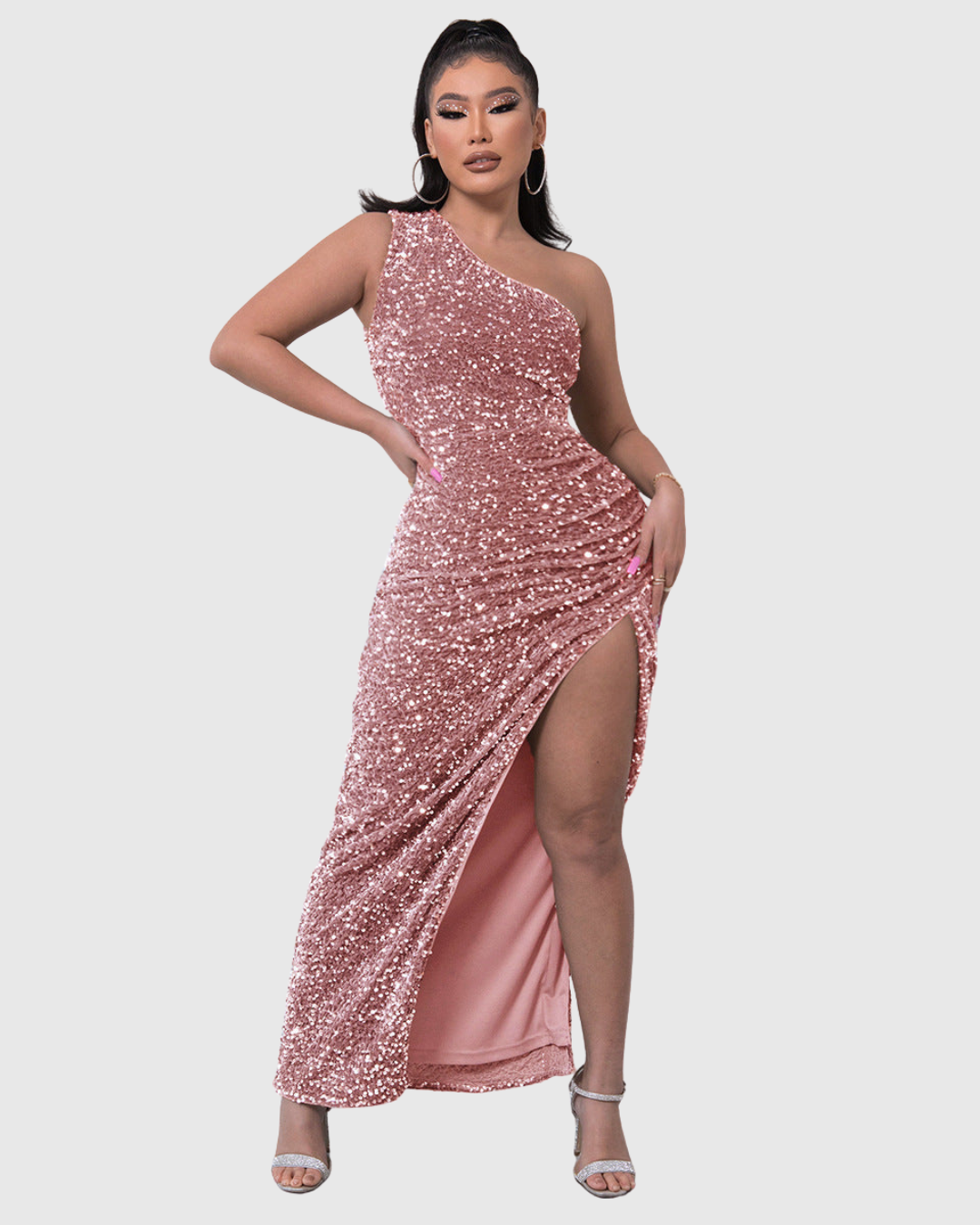 Women's Sequin One-Shoulder Evening Dress with Slit