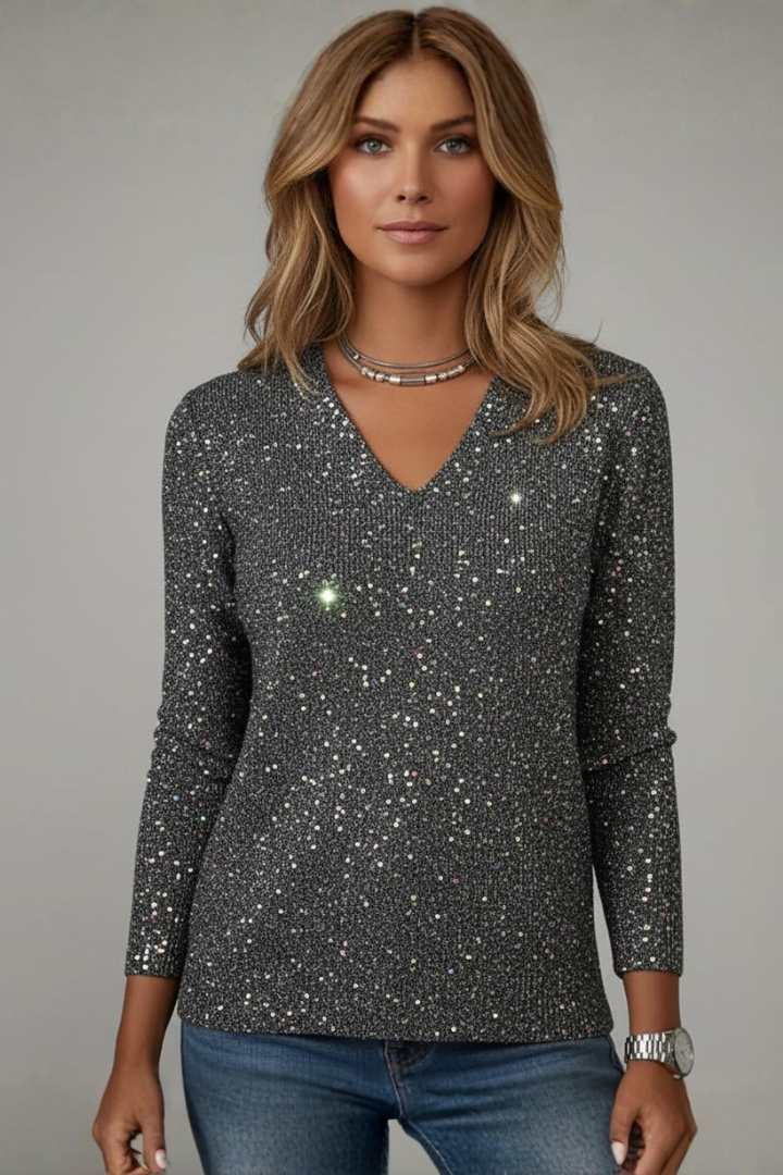 Women's Sequin V-Neck Jumper with Silhouette for Evenings