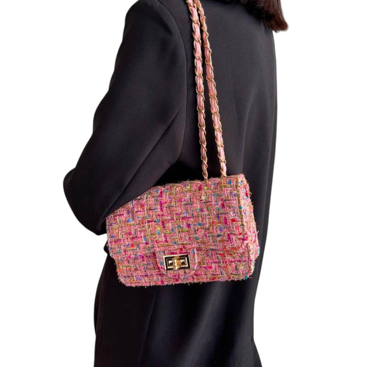 Women's Shoulder Bag with Textured Pink Weave for Day-Night