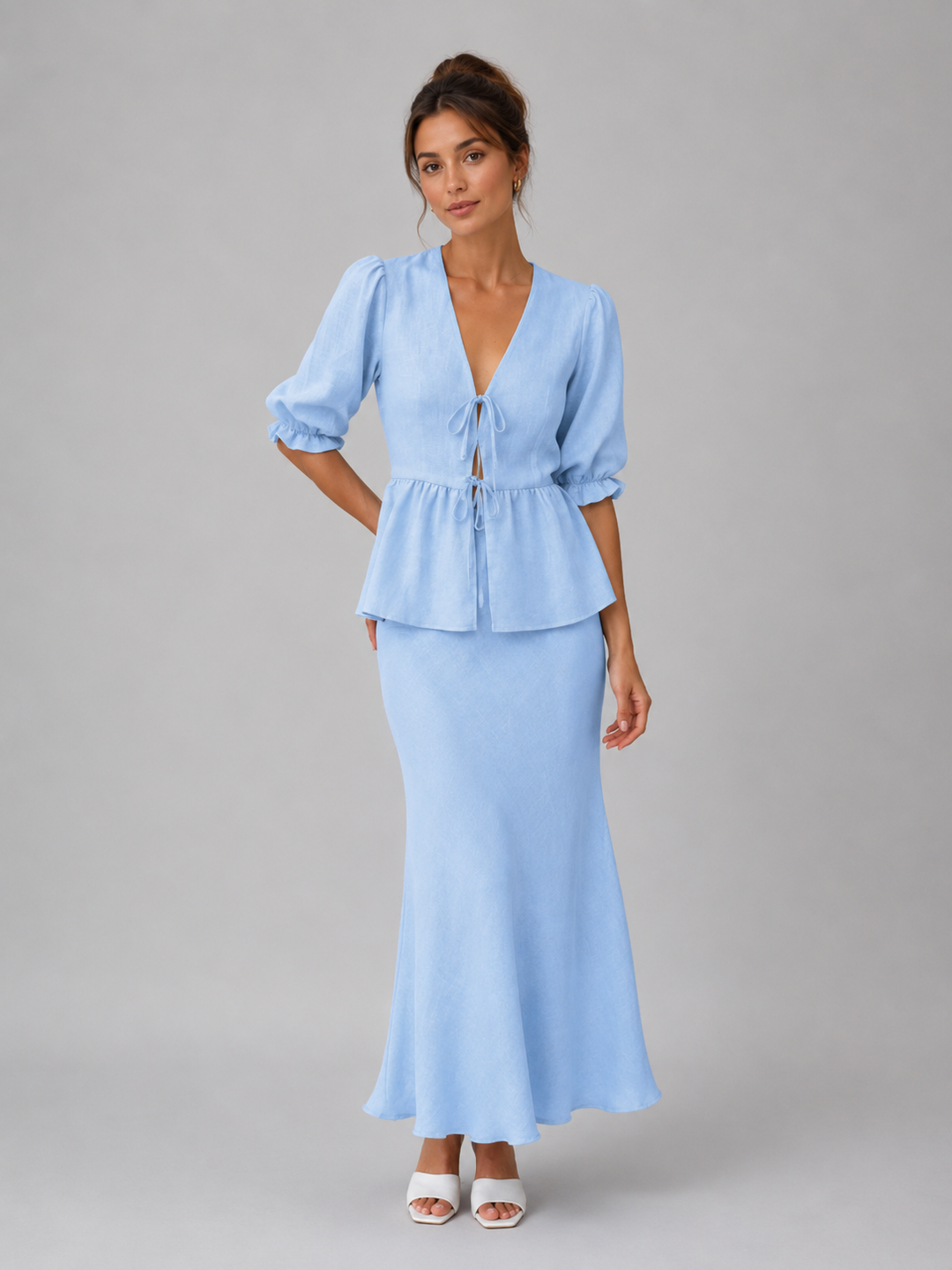 Women's Skirt Set with V-Neck Lace-Up Blouse