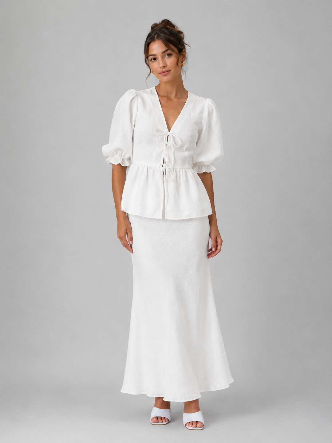 Women's Skirt Set with V-Neck Lace-Up Blouse
