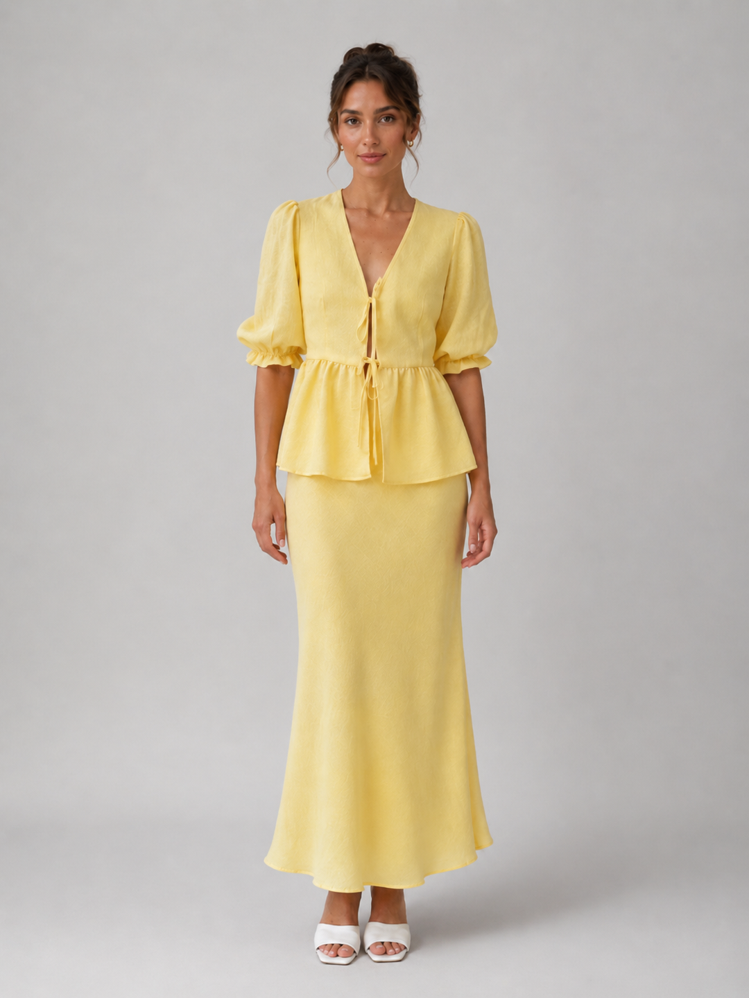 Women's Skirt Set with V-Neck Lace-Up Blouse