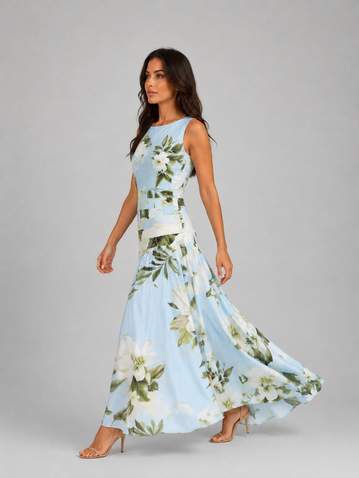 Women’s Sleeveless Floral Maxi Dress Boat Neck