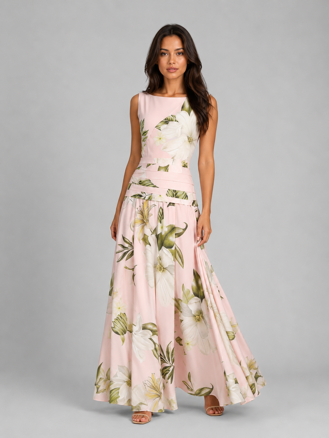 Women’s Sleeveless Floral Maxi Dress Boat Neck
