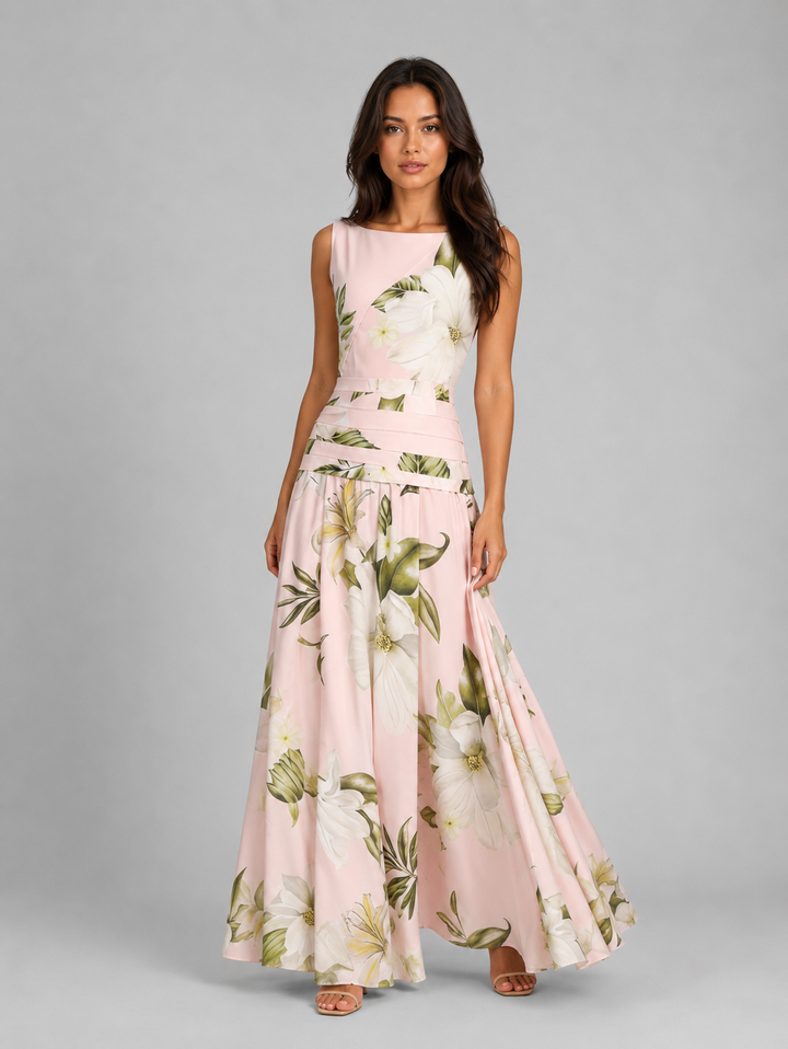 Women’s Sleeveless Floral Maxi Dress Boat Neck