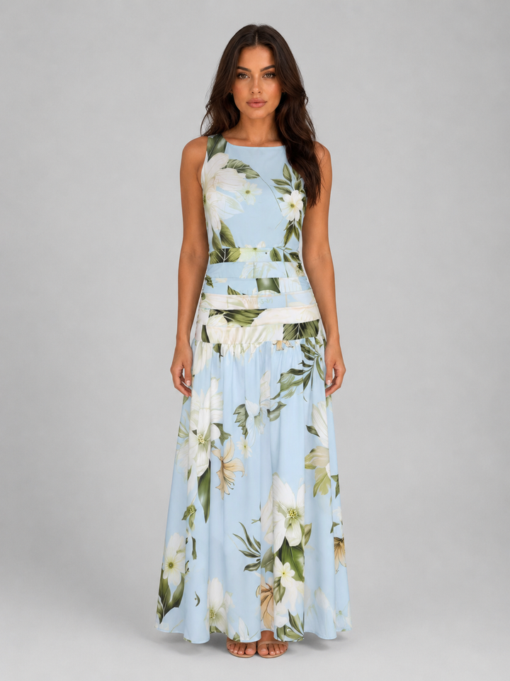 Women’s Sleeveless Floral Maxi Dress Boat Neck