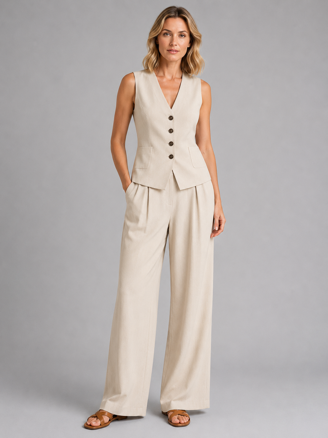Women’s Sleeveless Waistcoat with Wide-Leg Trousers