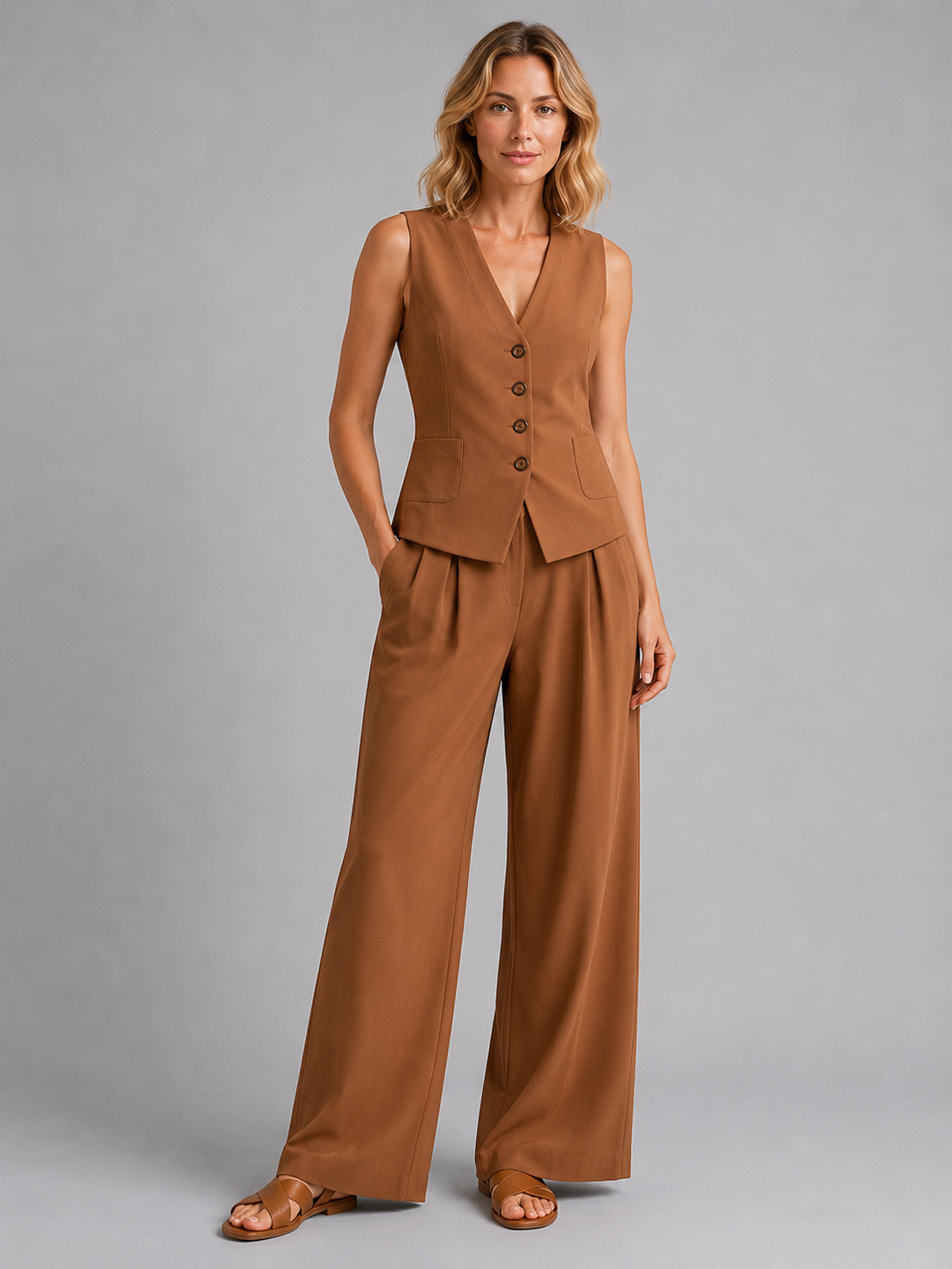 Women’s Sleeveless Waistcoat with Wide-Leg Trousers