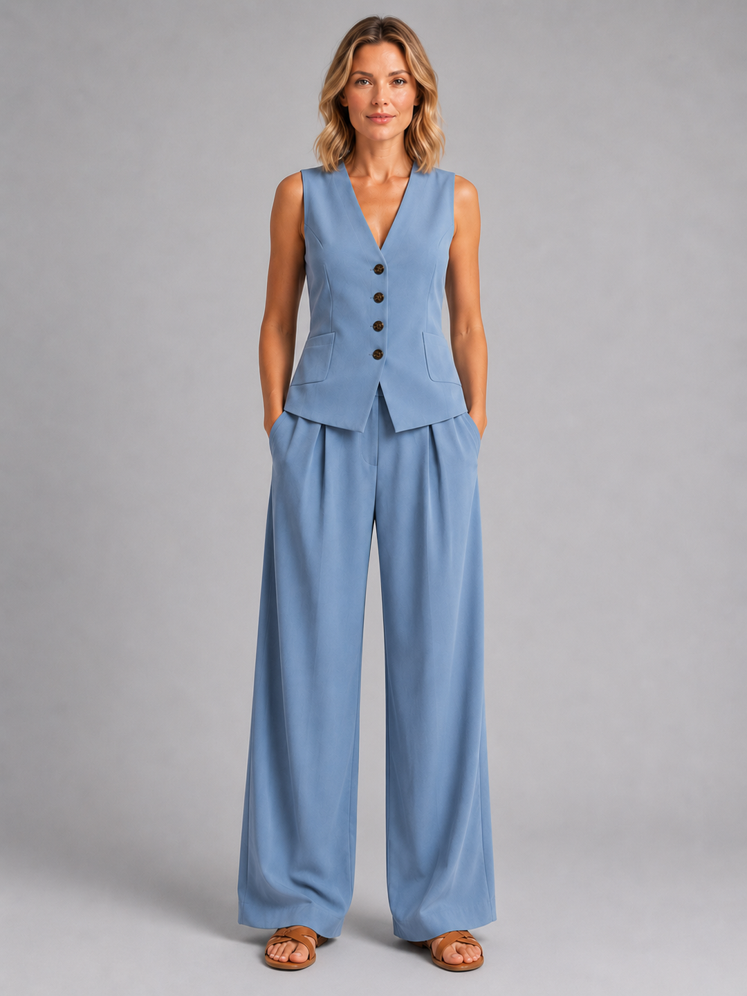 Women’s Sleeveless Waistcoat with Wide-Leg Trousers