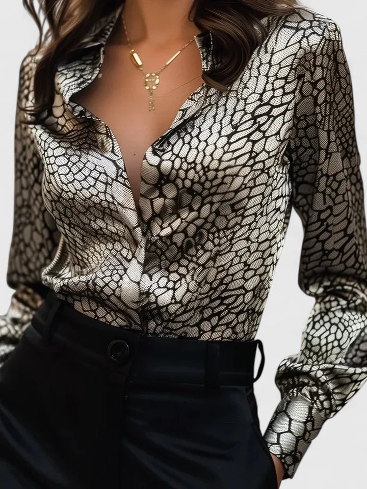 Women's Snake Skin Blouse with Lapel for Office to Evening