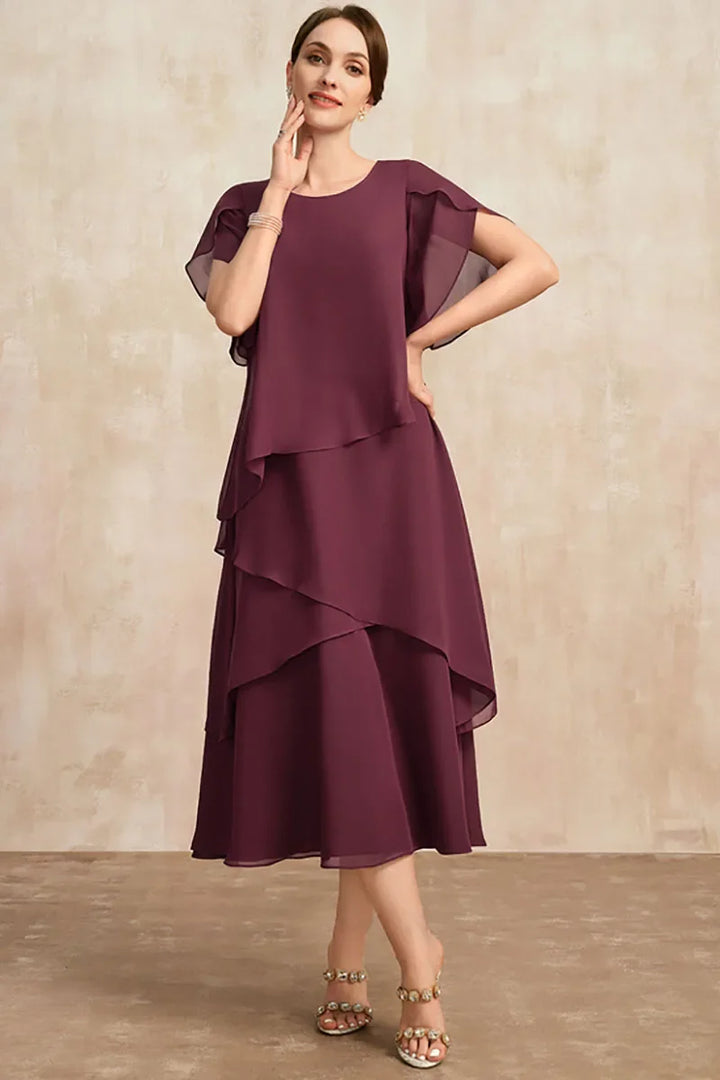 Women's Soft Chiffon Midi Dress with Layered Silhouette