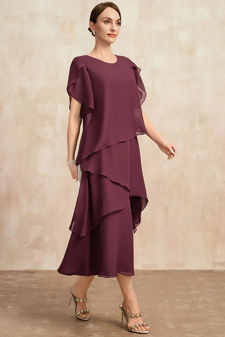 Women's Soft Chiffon Midi Dress with Layered Silhouette