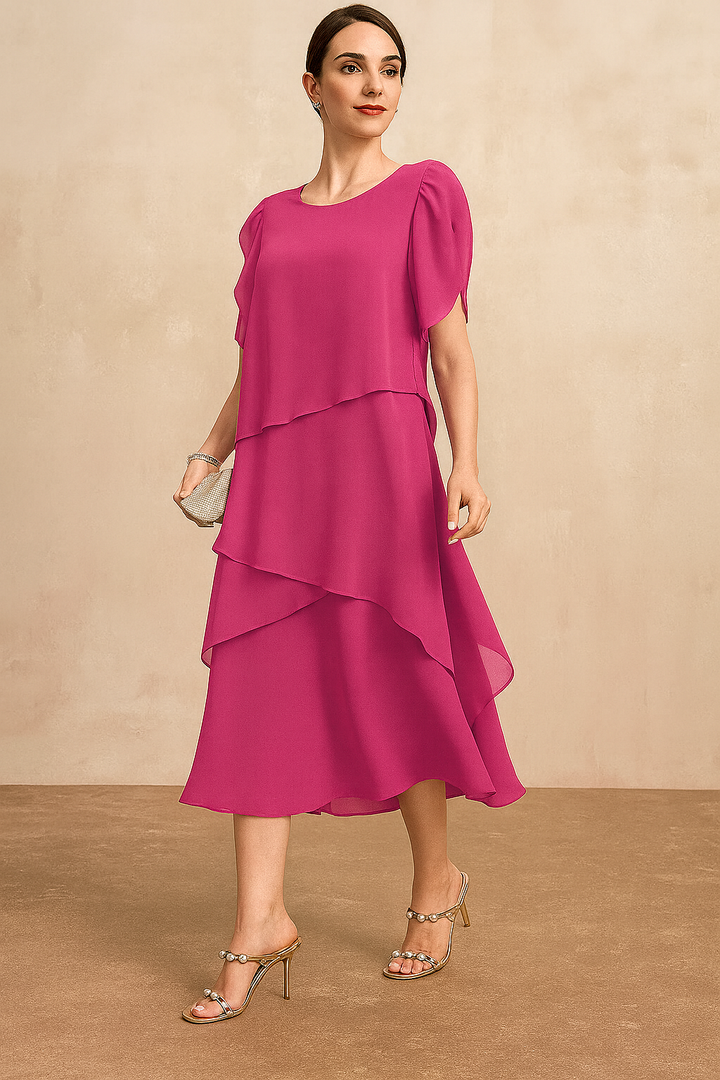 Women's Soft Chiffon Midi Dress with Layered Silhouette