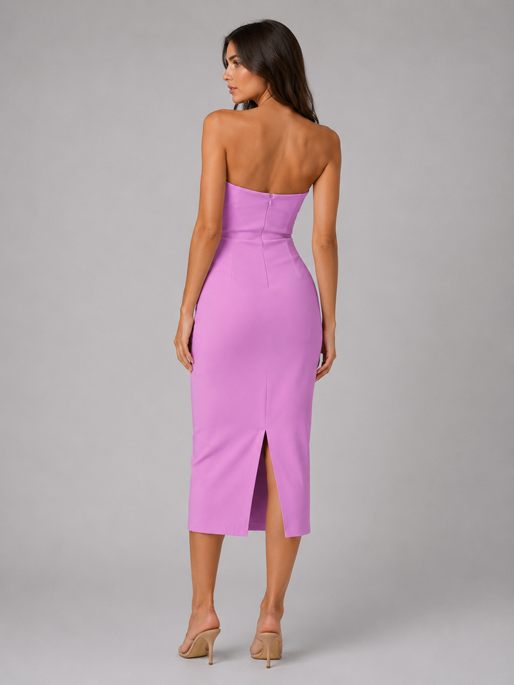 Women’s Strapless Midi Dress with Ruched Detailing