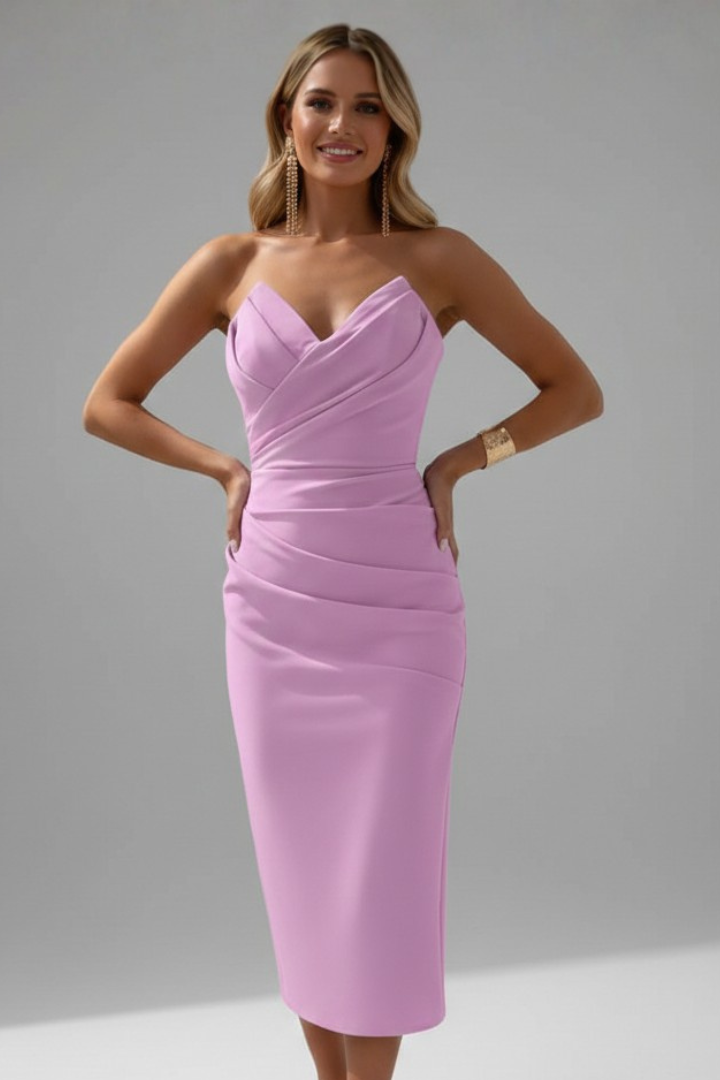 Women's Strapless Midi Dress with Ruched for Summer Evenings