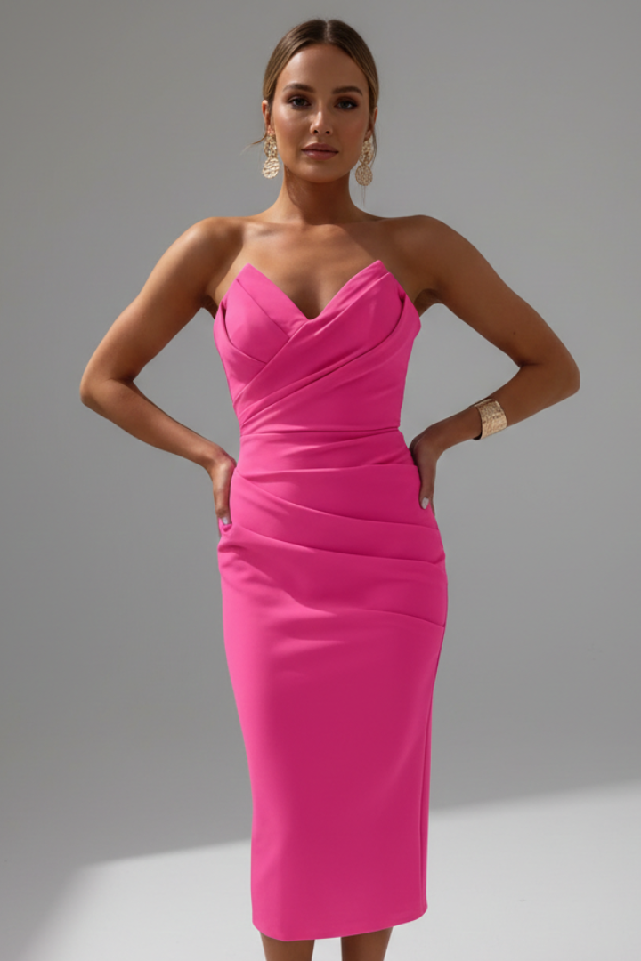 Women's Strapless Midi Dress with Ruched for Summer Evenings