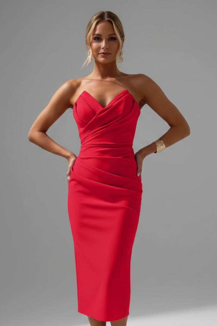 Women's Strapless Midi Dress with Ruched for Summer Evenings