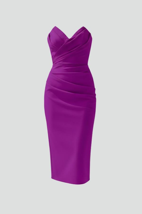 Women's Strapless Midi Dress with Ruched for Summer Evenings