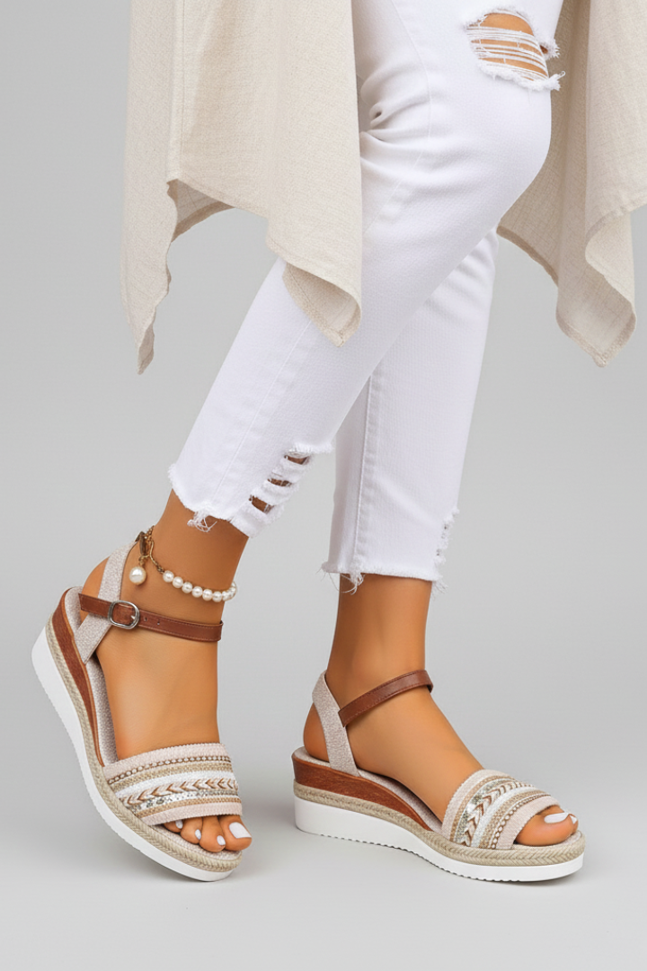 Women's Strappy Wedge Sandals with Embroidery for Evenings