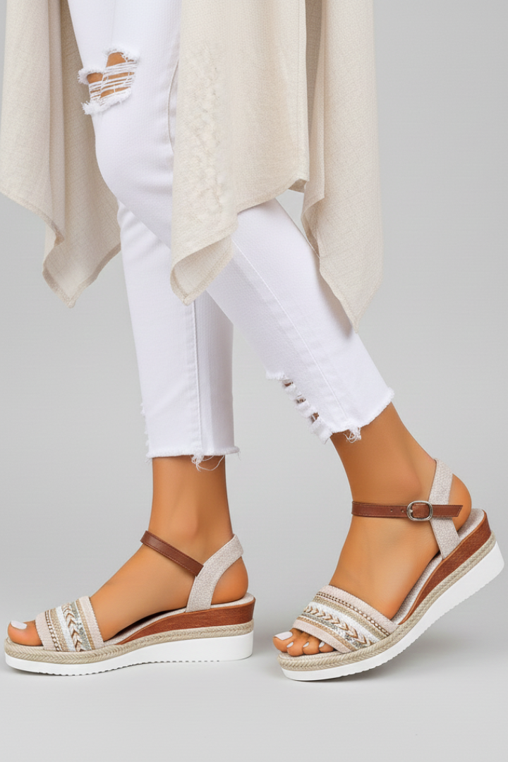 Women's Strappy Wedge Sandals with Embroidery for Evenings