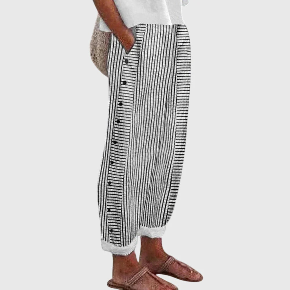 Women’s Striped Button Trousers with Elastic Waist