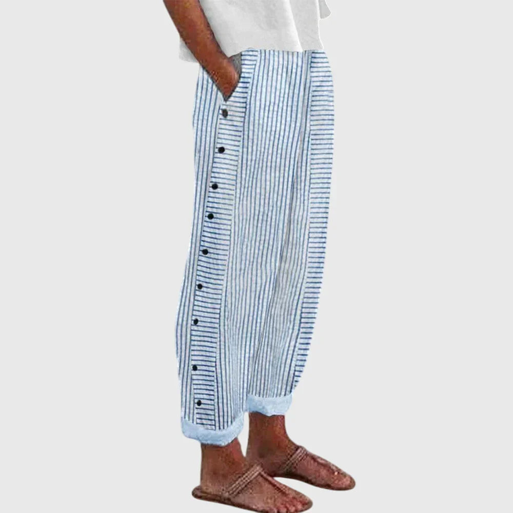 Women’s Striped Button Trousers with Elastic Waist