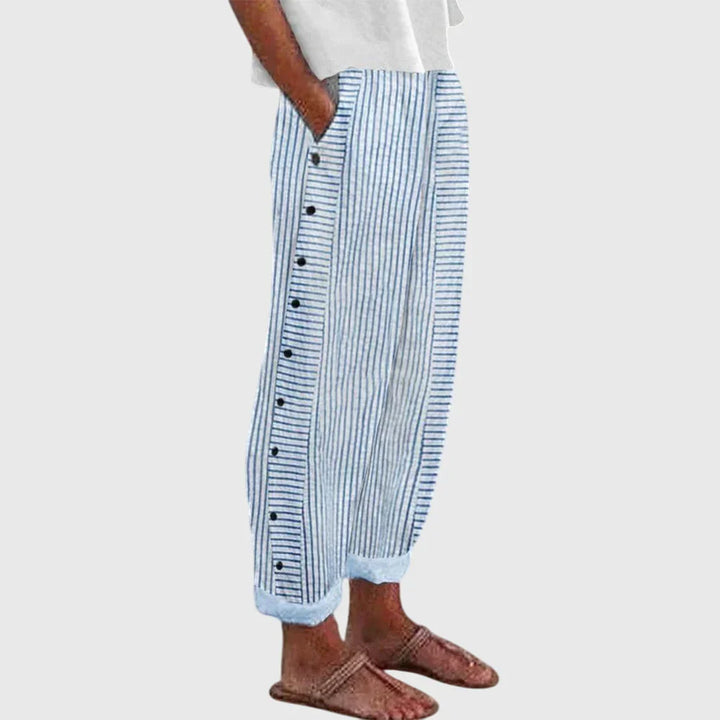 Women’s Striped Button Trousers with Elastic Waist