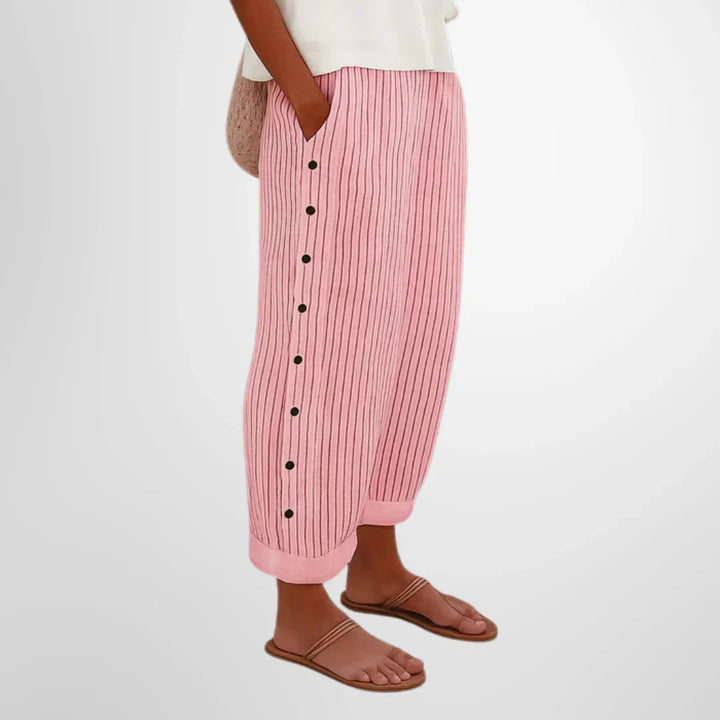 Women’s Striped Button Trousers with Elastic Waist