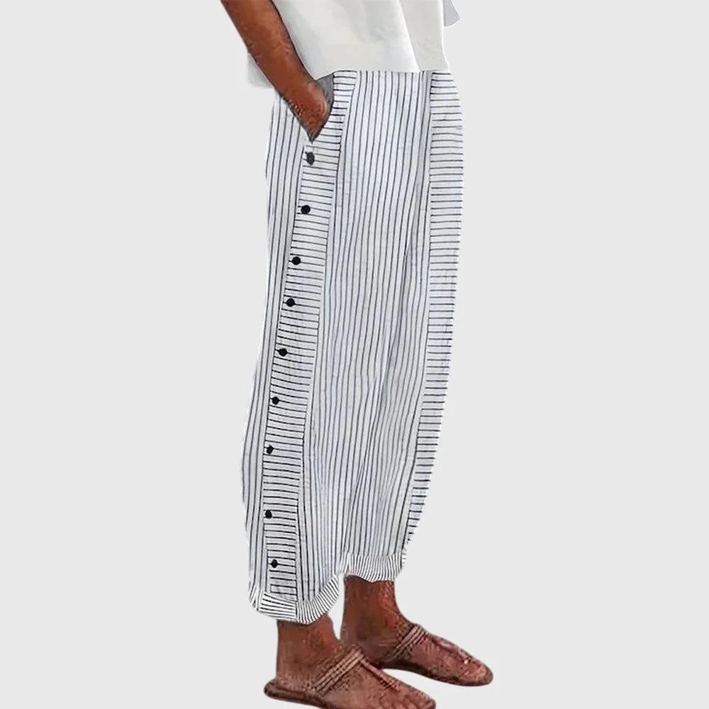 Women’s Striped Button Trousers with Elastic Waist