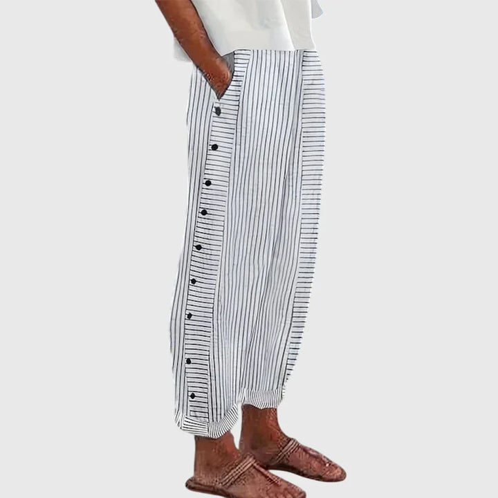 Women’s Striped Button Trousers with Elastic Waist
