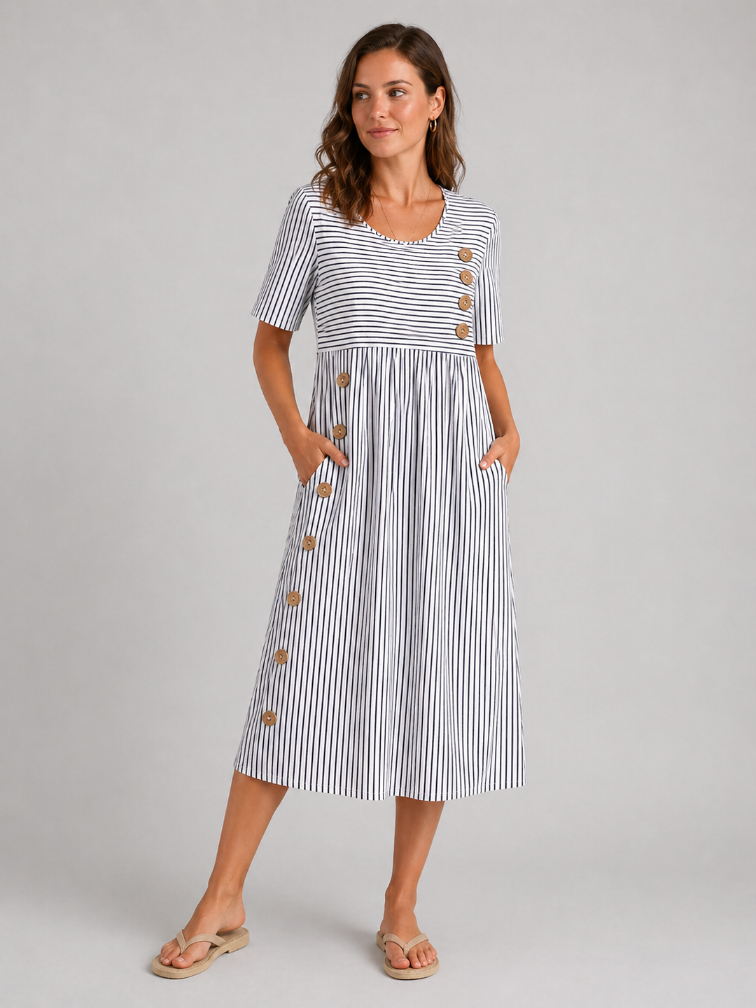 Women’s Striped Midi Dress with Button Detail