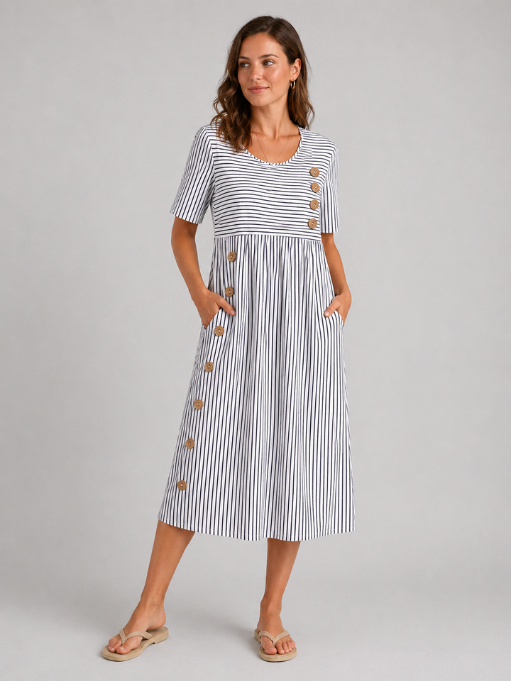 Women’s Striped Midi Dress with Button Detail