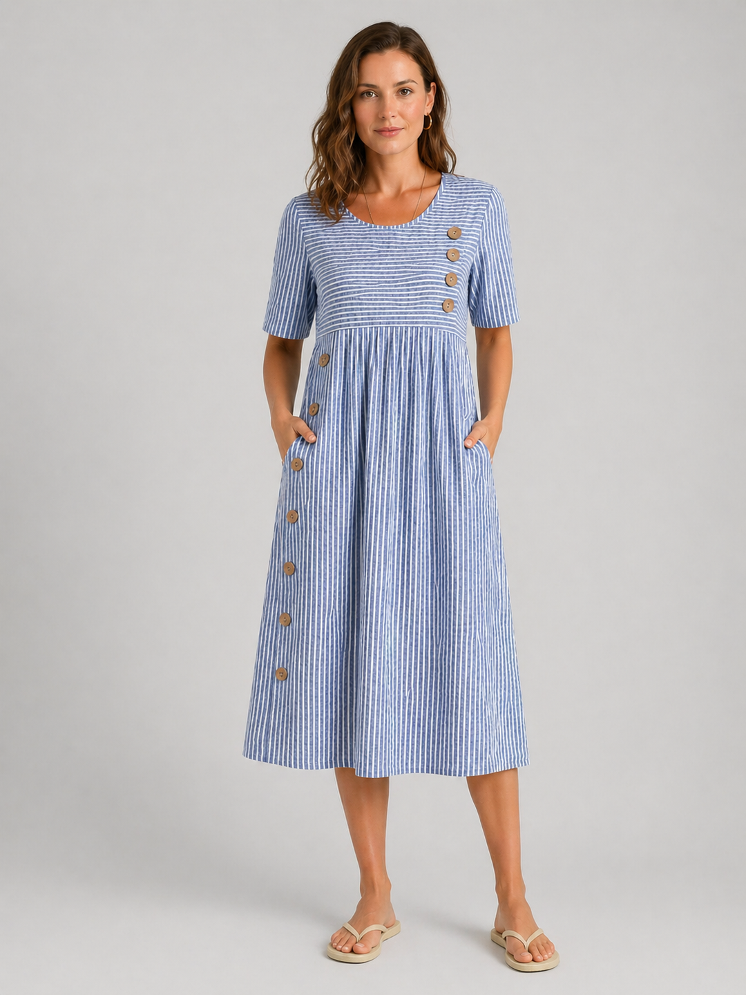 Women’s Striped Midi Dress with Button Detail