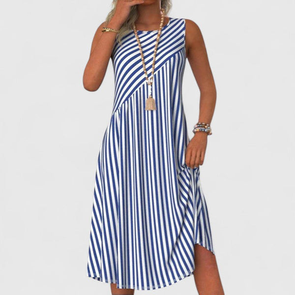 Women's Striped Midi Dress with Sleeveless Cut for Summer Outings