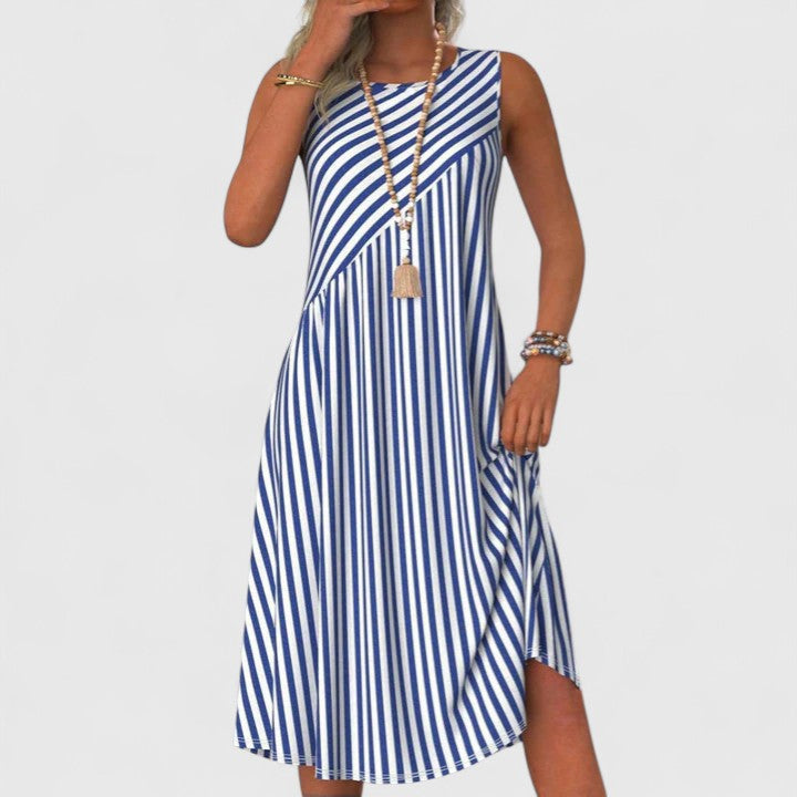 Women's Striped Midi Dress with Sleeveless Cut for Summer Outings