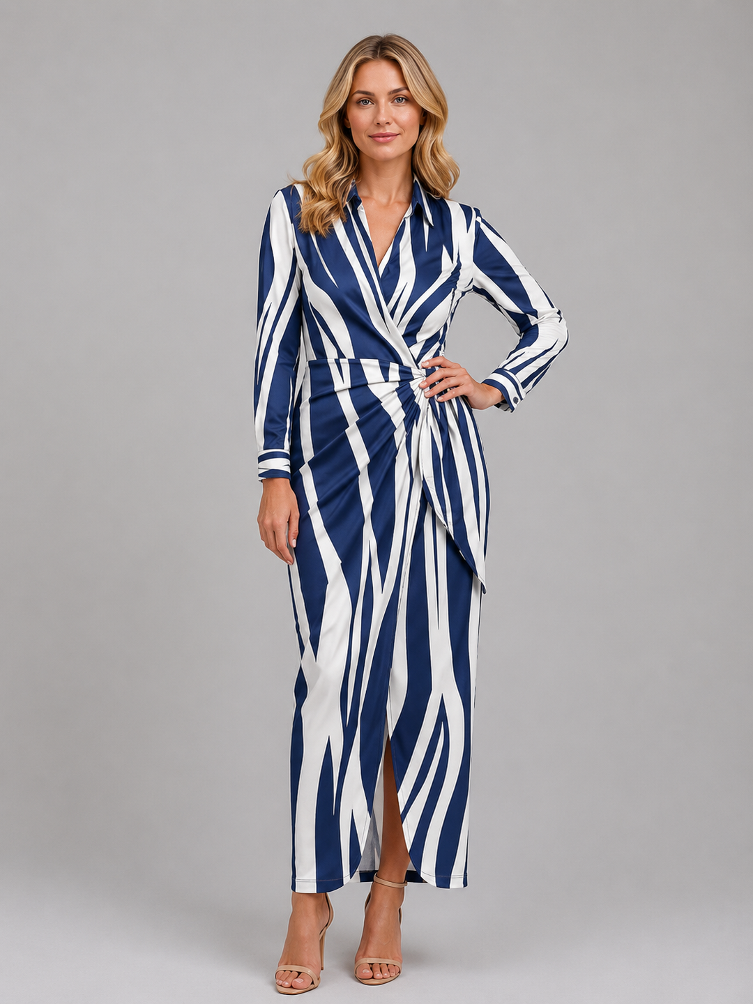 Women’s Striped Midi Dress with Twist-Knot