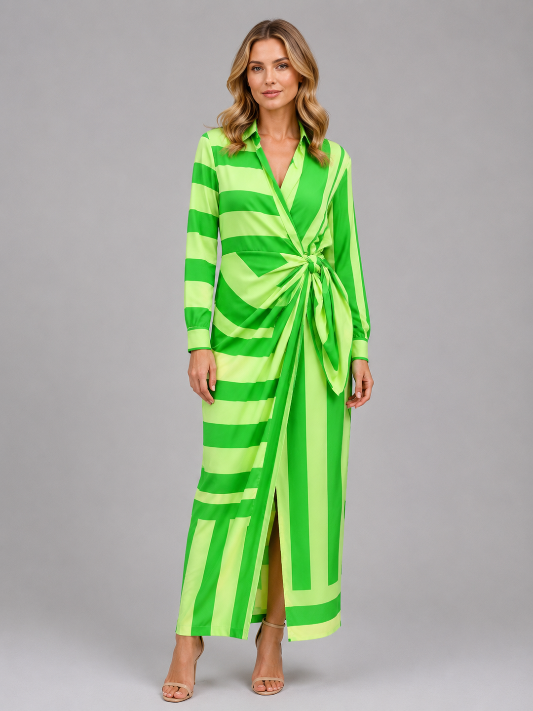Women’s Striped Midi Dress with Twist-Knot