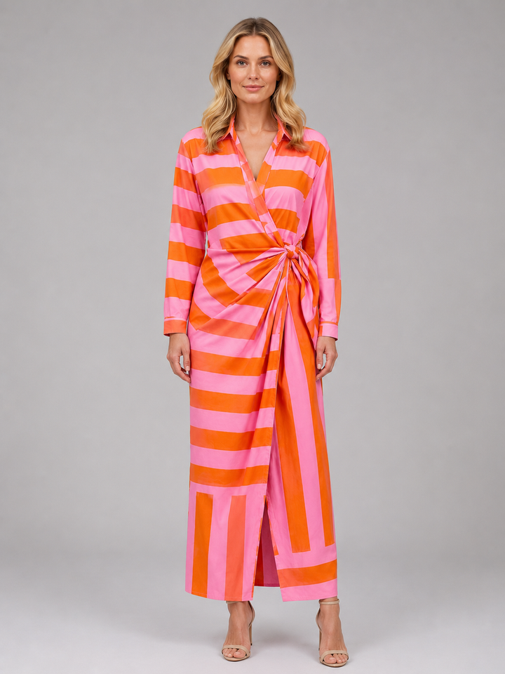 Women’s Striped Midi Dress with Twist-Knot