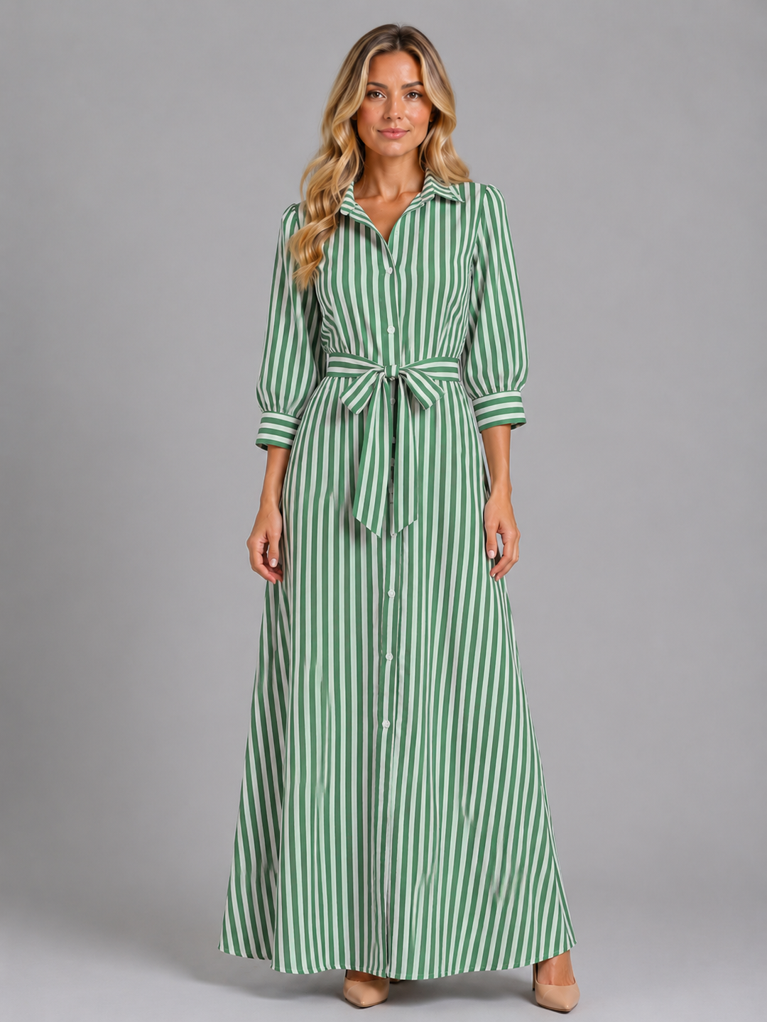 Women’s Striped Shirt Maxi Dress with Belt