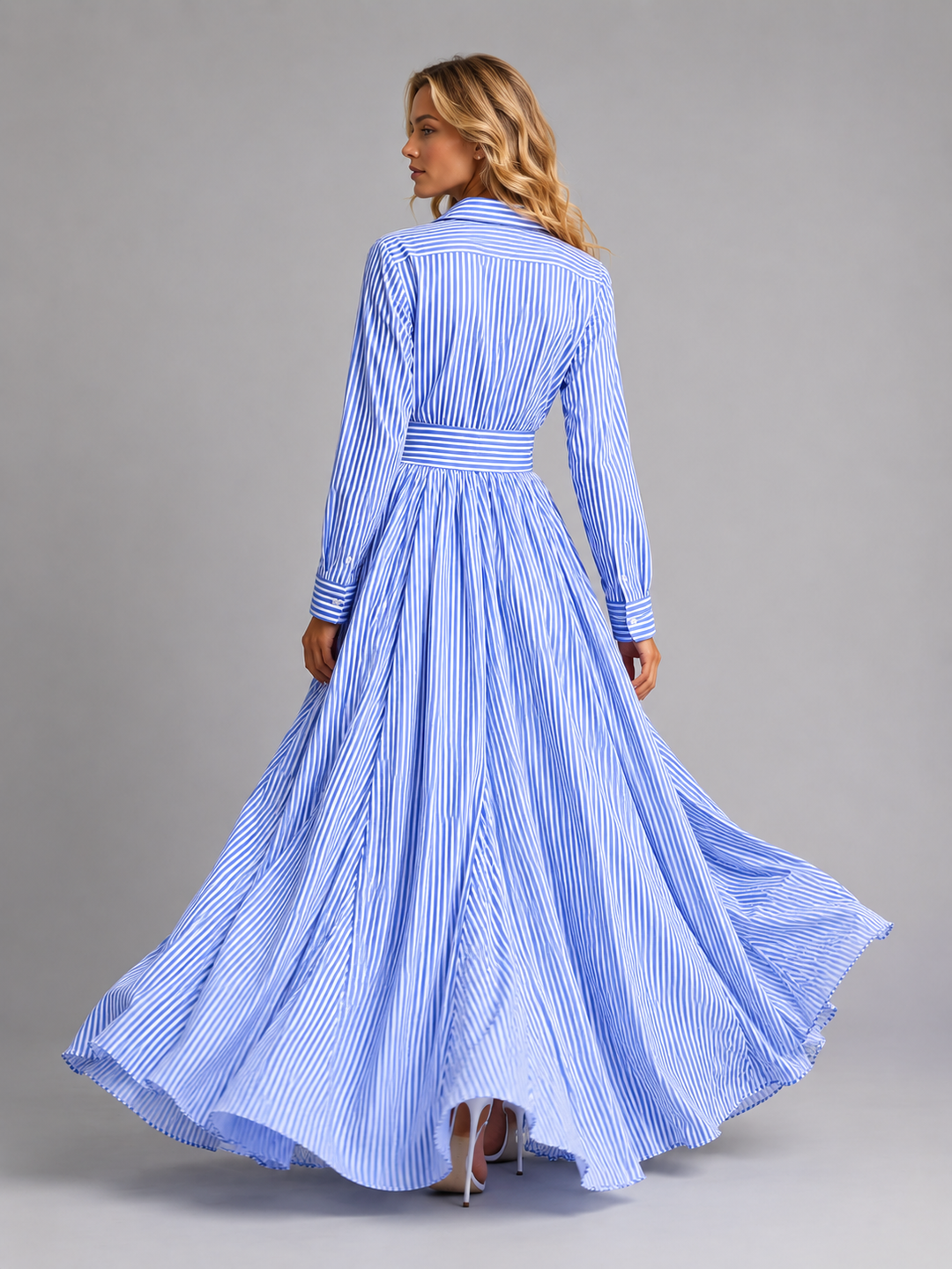 Women's Striped Shirt Maxi Dress with Cinched-Waist
