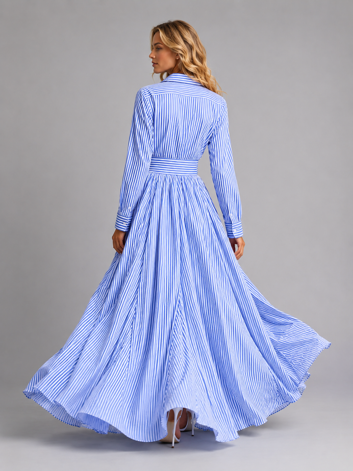 Women's Striped Shirt Maxi Dress with Cinched-Waist