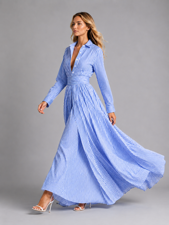 Women's Striped Shirt Maxi Dress with Cinched-Waist