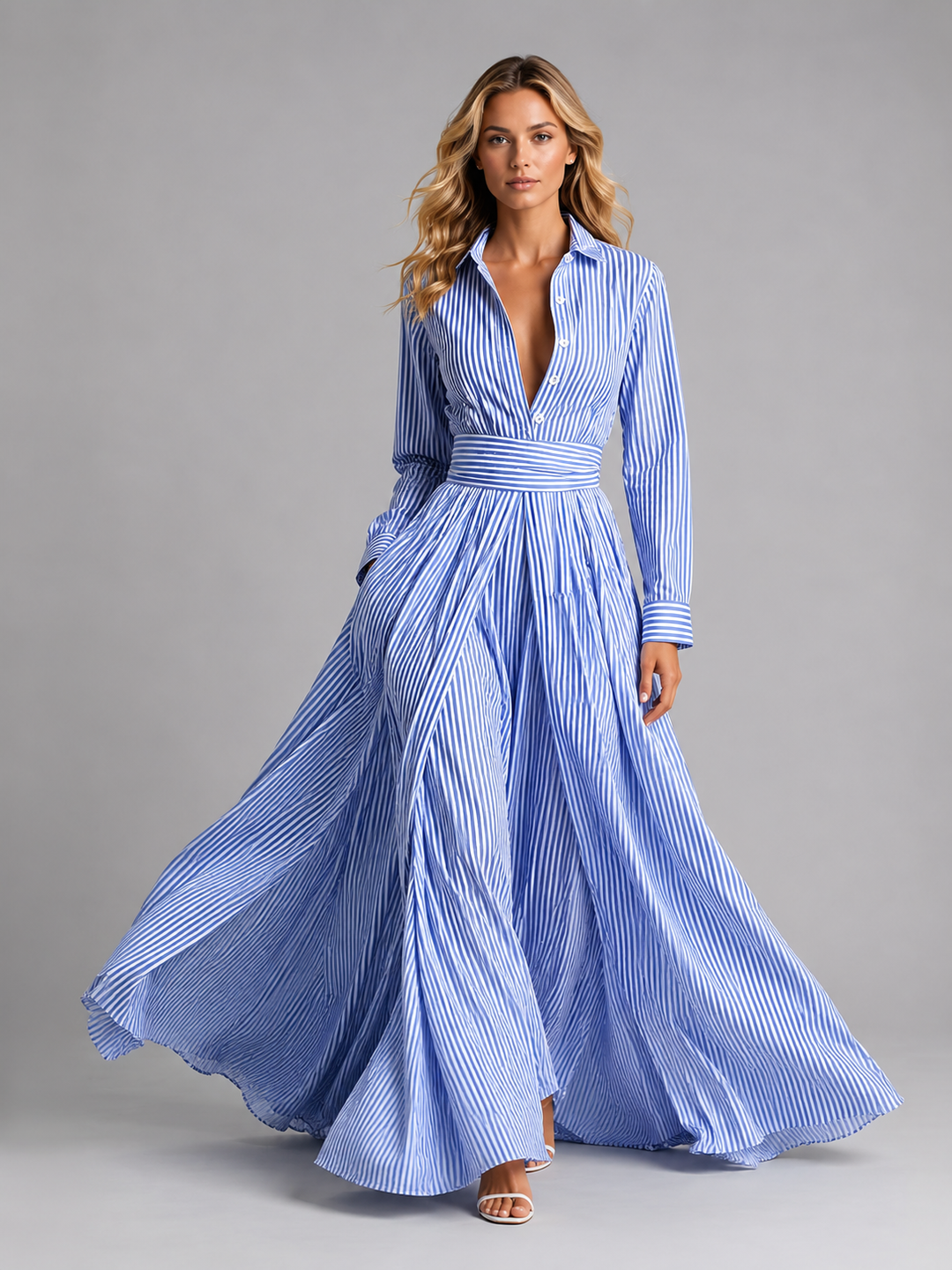 Women's Striped Shirt Maxi Dress with Cinched-Waist