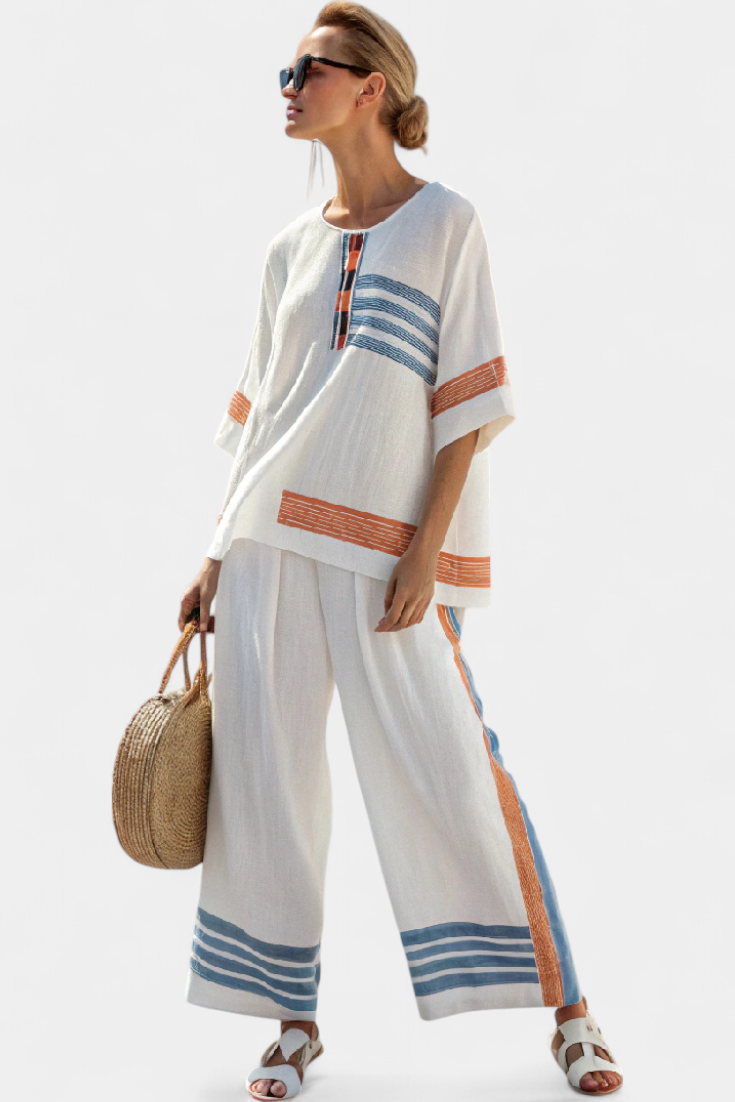 Women's Striped Top &amp; Trousers in Blue-Orange for Seaside
